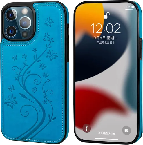 Miniatura 3 de Vaburs Funda compatible con iPhone 13 Pro Max con tarjetero y diseño de mariposa en relieve, de piel sintética, doble botón, a prueba de golpes, Azul