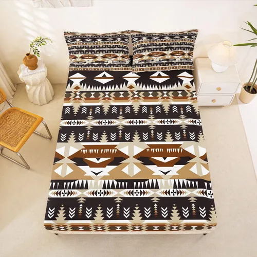 Miniatura 17 de Juego de ropa de cama occidental tamaño individual, sábanas aztecas, estilo nórdico exótico, bohemio, sábana bajera ajustable de tribu india