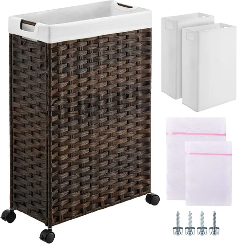 GREENSTELL - Cesta de ropa con ruedas, 45 l (11.9 galones), cesto pequeño de ratán para ropa con 2 bolsas extraíbles y 2 bolsas de malla, cesto de