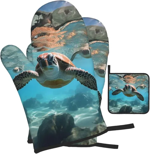 Miniatura 8 de Juego de manoplas de horno y soportes para ollas con estampado de tortugas marinas, resistentes al calor, antideslizantes, guantes de cocina, 3