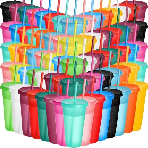 Miniatura 17 de Honeydak Paquete de 60 vasos con popote y tapa, vasos a granel para regalos, tazas de café de plástico con purpurina de 24 a 27 onzas, botella