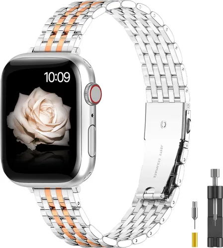 Miniatura 10 de para Apple Watch Correa de 38 mm, 40 mm, 41 mm, 42 mm, 44 mm, 45 mm Series 9 8 7 6 5 4 3 2 1 SE SE2 para mujeres y hombres, Correa de metal de acero