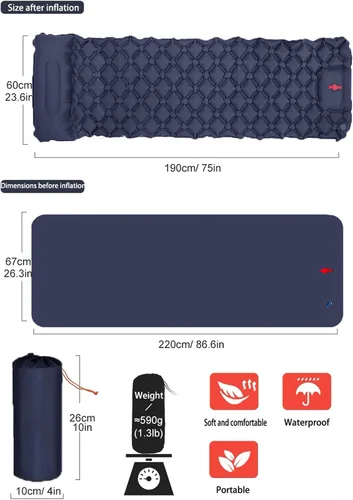 Miniatura 2 de Colchoneta de dormir para campamento: colchoneta inflable ultraligera con bomba de pie y almohada integradas, colchón de aire compacto mejorado