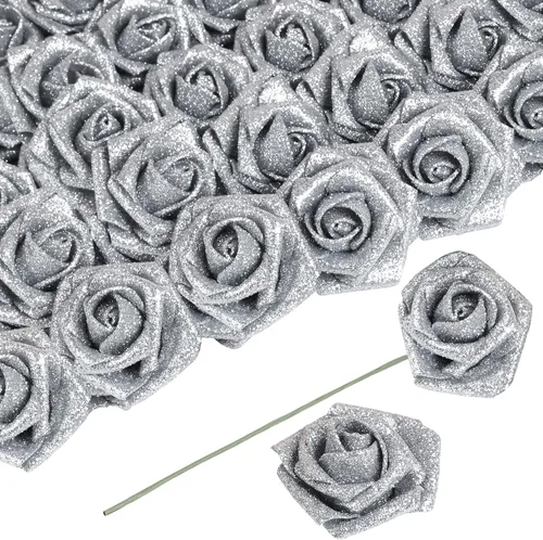 Miniatura 12 de Flores negras con purpurina, 30 unidades, flores artificiales con purpurina, rosas de espuma con tallo, flores sintéticas para bricolaje, ramo