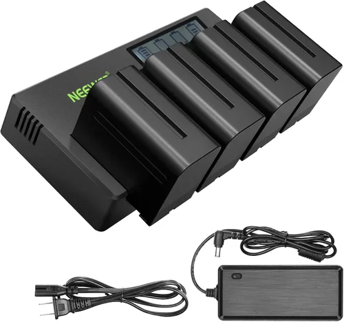Neewer Paquete de 4 baterías de repuesto de 7.4 V 6600 mAh NP-F970 con cargador de batería de 4 canales y adaptador de corriente, compatibles con