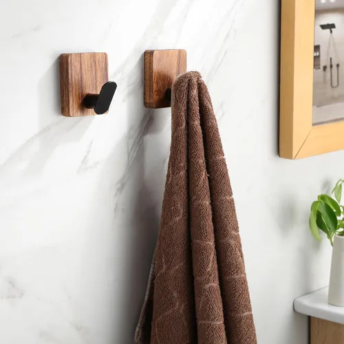 Miniatura 5 de DELITON Ganchos de toalla para baños, paquete de 4 ganchos adhesivos de madera para colgar batas, toallas, abrigos, llaves, gancho decorativo
