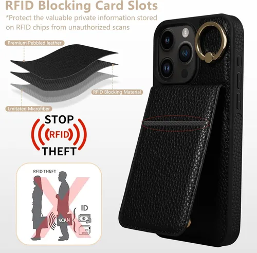 Miniatura 4 de Funda para iPhone 15 Pro Max de 6.7'', Funda Cartera Cruzada Desmontable con Ranuras para Tarjetas con Bloqueo RFID, Soporte de Anillo 360°, Funda