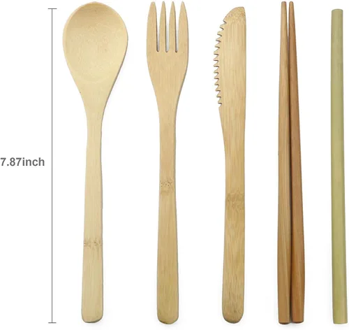 Miniatura 2 de JASHII Juego de cubiertos de bambú para viaje, incluye cuchillo reutilizable, tenedor, cuchara, palillos, popotes y cepillo (beige)