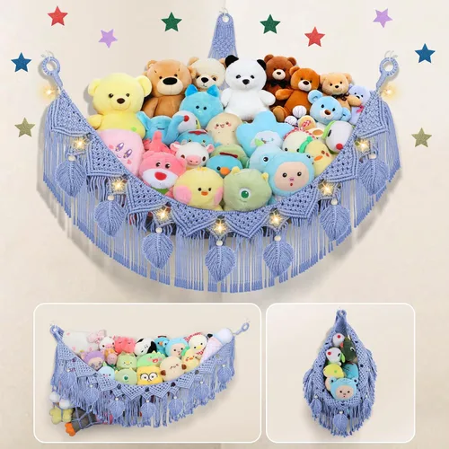 Miniatura 19 de Hamaca para Animales de Peluche de Esquina - 142 cm Jumbo Hecha a Mano de 5mm de Doble Cordón de Macramé para Almacenamiento de Animales de Peluche