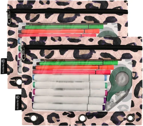 Miniatura 2 de Estuche para lápices con estampado de leopardo y guepardo rosa para carpeta de 3 anillos, 2 bolsas para lápices con cremallera, estuche transparente
