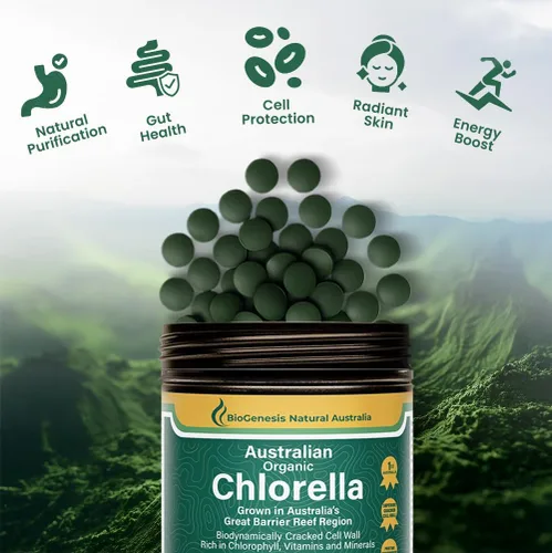 Miniatura 3 de Biogenesis Tabletas orgánicas de Chlorella – 600 unidades (500 mg) Cultivado en Australia Pared celular agrietada BioDynamic Rico