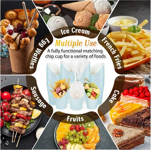 Miniatura 4 de Whaline 50 tazas de charcutería azules con bolsas de palitos, lazos giratorios, 14 onzas, desechables, para aperitivos, papas fritas para el hogar