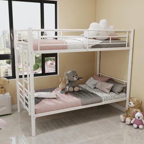 Miniatura 6 de GNIXUU Litera de metal individual sobre individual, literas modernas con escalera y barandilla de longitud completa, litera resistente para Blanco