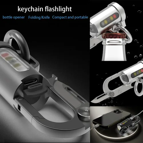 Miniatura 7 de Mini portátil 1200lm Led Super brillante EDC Llavero Linterna H Pro .USB recargable para camping, emergencia, hombres Gadgets Light... (Plata-Blanco)