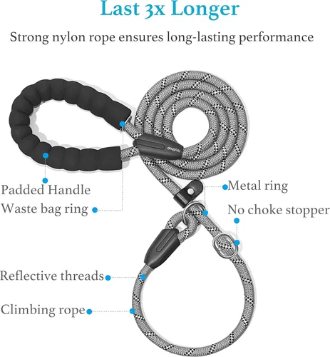 Miniatura 2 de iYoShop Correa antideslizante duradera para perro con mango acolchado e hilos altamente reflectantes, correa de entrenamiento para perros sin Gris