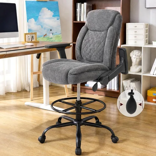 Miniatura 11 de Silla de dibujo, silla alta ejecutiva de oficina con reposabrazos abatibles para escritorio de altura de mostrador, silla de trabajo alta con anillo