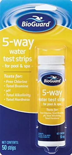 BioGuard Tiras de prueba de piscina 5 en 1, 50 tiras, prueba rápida y fácil para agua cristalina: bromo, cloro, pH, alcalinidad y dureza