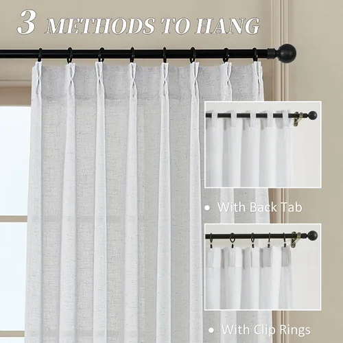 Miniatura 2 de MASWOND Cortinas plisadas blancas de 102 pulgadas de largo, cortinas semitransparentes de lino para sala de estar, juego de 2 paneles de cortinas