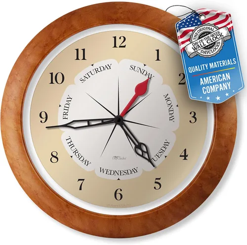 Reloj de pared de hora y día de la semana con marco de acento de arce de 13.5 pulgadas, regalo de jubilación ideal para hombres y mujeres, reloj de