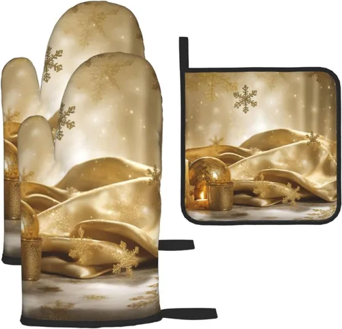Kururi Juego de manoplas de horno y soportes para ollas con estampado navideño de seda dorada, resistentes al calor, antideslizantes, guantes de