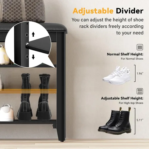 Miniatura 6 de Banco de almacenamiento de zapatos de entrada con cojín de cuero, banco organizador de zapatos para entrada, ideal para pasillos, puertas