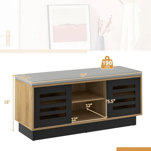 Miniatura 2 de Giantex Banco de almacenamiento de zapatos de entrada, zapatero con cojín de asiento y 6 compartimentos de almacenamiento, 2 puertas correderas y 3