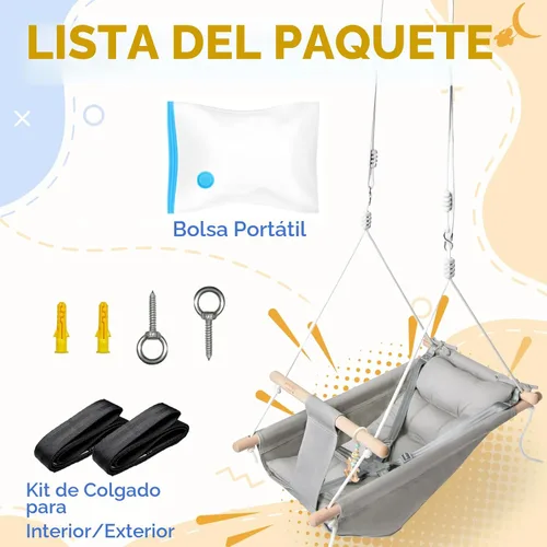 Miniatura 4 de Columpio para bebé interior y exterior, columpio de hamaca de lona para bebé a niño pequeño con un asiento cómodo, juguete de madera tipo macarrón