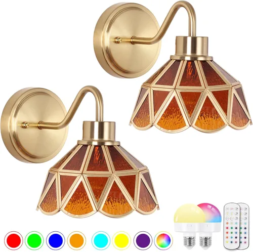 Miniatura 10 de Juego de dos apliques de pared vintage que funcionan con pilas, para interiores, no cableados, de latón y cristal verde, luces de pared RGB