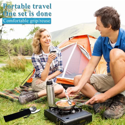 Miniatura 5 de Evanda Juego de cubiertos portátiles de 3 piezas, incluye cuchara tenedor y cuchillo, juego de cubiertos de camping con bolsa negra, para el hogar