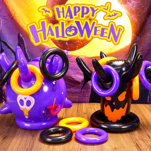 Miniatura 7 de Juego de lanzamiento de anillos de Halloween, inflable, espeluznante, juego de lanzamiento de brujas para niños, suministros de fiesta de Halloween