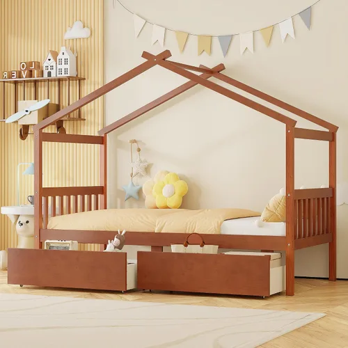 Miniatura 19 de JIVOIT Cama de plataforma de madera con dos cajones, cama de casa tamaño individual con diseño de techo, patas de pino macizo, cabecera y estribo