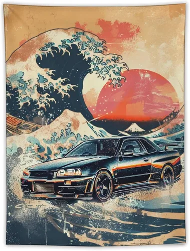 Miniatura 23 de QEOPGNE Tapiz grande para colgar en la pared, diseño de puente de puerta dorada, grandes olas, japonés, retro, Jdm, auto, R34, tapiz para 2