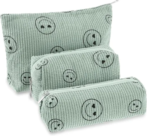Miniatura 12 de Huhumy Juego de 3 bolsas de maquillaje para mujeres, bolsa cosmética de pana con sonrisa estética, bolsa de viaje para artículos de tocador, linda