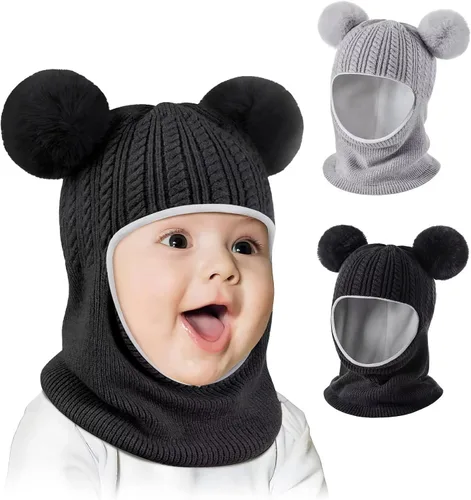 Baby Winter Hat Scarf Set 2 Pack, Toddler Beanie Hats Girl Boy with Neck Warmer, Beanie for Kids Knit Warm for Cold Weather