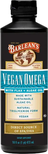 Barlean's Suplemento vegano Omega de lino líquido y aceite de algas a base de plantas EPA DHA de aceite de algas y linaza orgánica, suplementos de