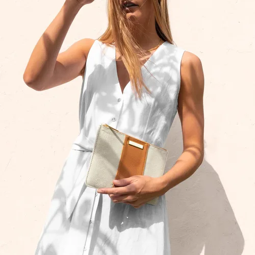 Miniatura 6 de KATIE LOXTON Amalfi - Bolsa de mano mediana de lona y cuero vegano para mujer, color crema y marrón, Marrón