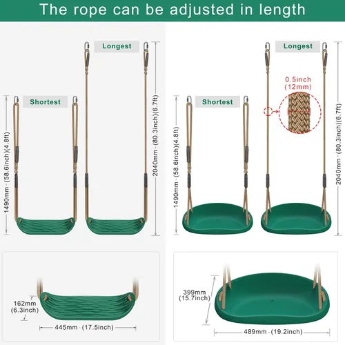 Miniatura 7 de SELEWARE Paquete de 2 asientos de columpio de plástico resistente con cuerda ajustable y conexión rápida, accesorios de repuesto para niños y Verde