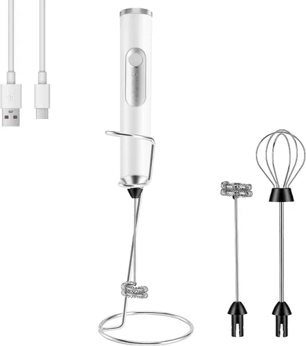 Miniatura 8 de Espumador de leche de mano + soporte recargable de 2000 mAh, espumador eléctrico con 2 batidores de acero inoxidable, mezclador de bebidas de 3