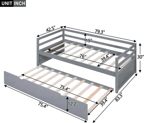 Miniatura 2 de Merax Sofá cama tamaño individual con nido, marco de sofá cama de madera maciza, color gris