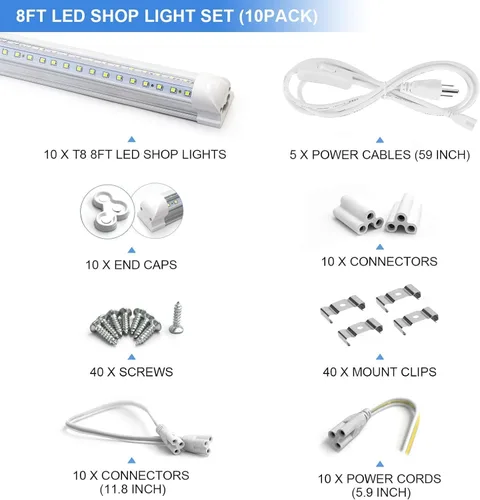 Miniatura 2 de Paquete de 10 luminarias LED de taller de 8 pies - Tubo de luz LED integrado T8 de 90W - 6500K 12000LM en forma de V enlazable - Alto rendimiento
