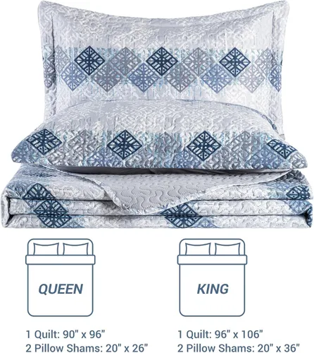 Miniatura 8 de Mooreeke Colchas ultrasónicas en relieve tamaño Queen, colchas ligeras con patrón geométrico de rayas grises y azules con fundas, colcha