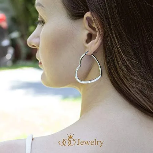Miniatura 3 de 555Jewelry Aretes de aro de acero inoxidable con forma de corazón para mujer, Metal, Circonia cúbica
