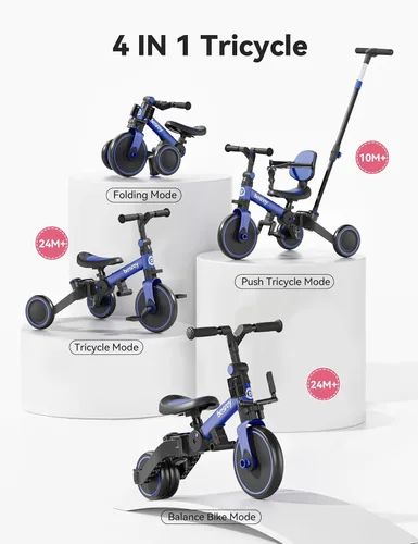 Miniatura 2 de besrey Bicicleta 5 en 1 para niños pequeños con mango de dirección para padres para niñas y niños de 1 a 3 años, triciclo plegable para niños, Azul