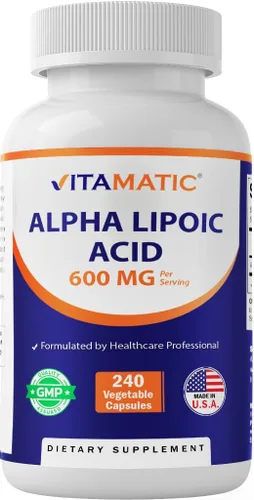 Vitamatic Ácido Alfa Lipoico (ALA) 600mg Por Porción - 240 Cápsulas Vegetales - 120 Porciones - Sin OGM y Sin Gluten
