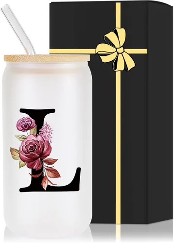 Miniatura 23 de Vaso de vidrio con monograma con tapa de bambú, popote personalizado, vaso de café helado de 16 onzas, tarro transparente de masón, cerveza, agua