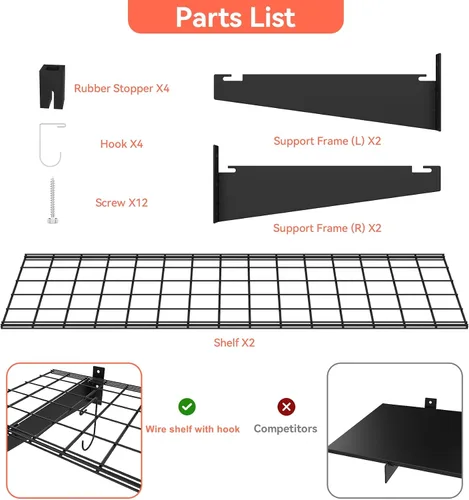 Miniatura 7 de TORACK Paquete de 2 Estantes de Pared para Garaje, Estantes de Alambre Montados en la Pared de 15" x 45" para Garaje de Servicio Pesado, Estantería