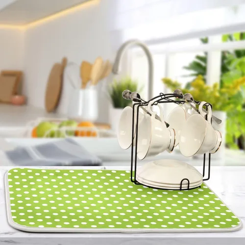 Miniatura 5 de Tapete de secado de platos verde para cocina, tapete de secado de microfibra verde menta con lunares blancos, tapete de secado de microfibra