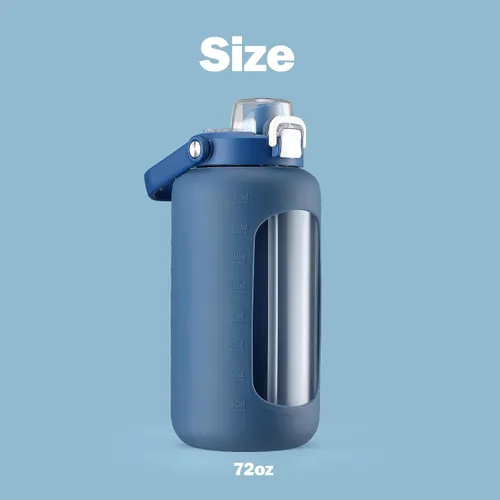 Miniatura 5 de Botella de agua de vidrio de 72 onzas con popote 2 en 1 y tapa de chug, botella de vidrio motivacional grande con marcador de capacidad y funda