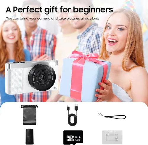 Miniatura 7 de Cámara digital 4K, cámara de vlogging de 64MP para fotografía con pantalla abatible de 180° de 3 pulgadas, cámara digital compacta 16X con tarjeta