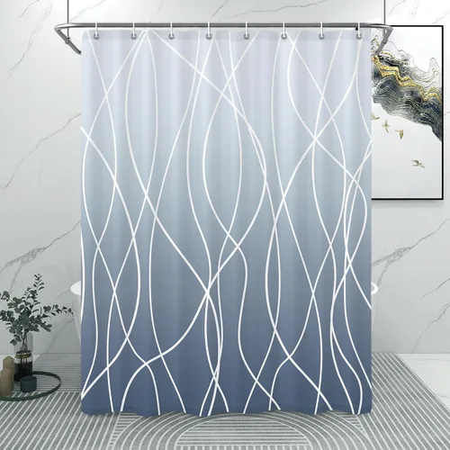 Miniatura 56 de Juego de cortinas de ducha azul egeo para baño con ganchos, cortinas de baño decorativas repelentes al agua y lavables con rayas blancas, 72 x 72